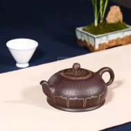 《心經禪蓮》宜興紫砂壺助理工藝美術師手工紫泥半月